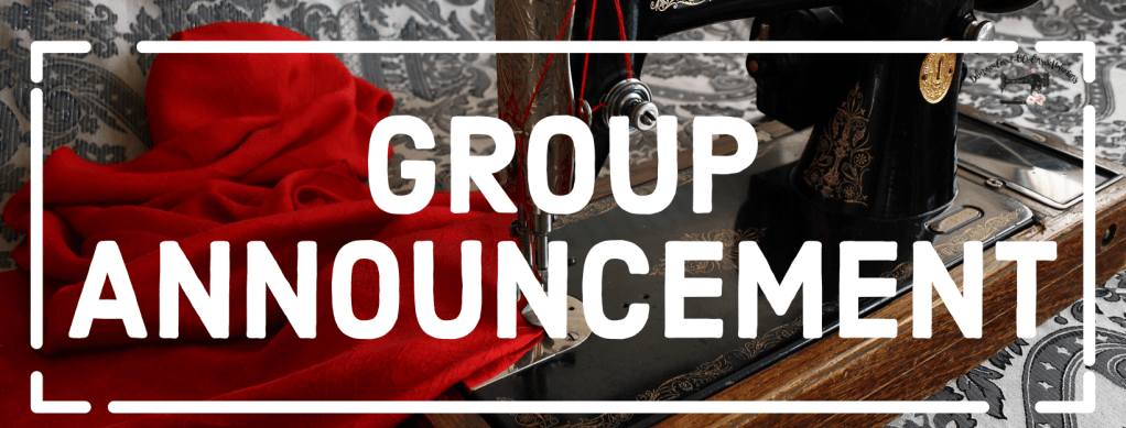 an older Singer from the 20-30s with a wooden base board is sewing red cotton fabric. It reads GROUP ANNOUNCEMENT. The group is in the corner