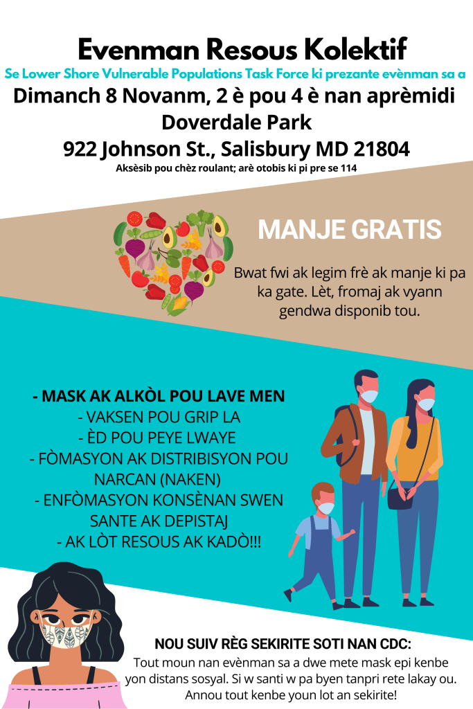 Evenman Resous Kolektif
Se Lower Shore Vulnerable Populations Task Force ki prezante evènman sa a

Dimanch 8 Novanm, 2 è pou 4 è nan aprèmidi
Doverdale Park
922 Johnson St., Salisbury MD 21804

Aksèsib pou chèz roulant; arè otobis ki pi pre se 114

MANJE GRATIS
Bwat fwi ak legim frè ak manje ki pa ka gate. Lèt, fromaj ak vyann gendwa disponib tou.

– MASK AK ALKÒL POU LAVE MEN
– VAKSEN POU GRIP LA
– ÈD POU PEYE LWAYE
– FÒMASYON AK DISTRIBISYON POU NARCAN (NAKEN)
– ENFÒMASYON KONSÈNAN SWEN SANTE AK DEPISTAJ
– AK LÒT RESOUS AK KADÒ!!!

NOU SUIV RÈG SEKIRITE SOTI NAN CDC:
Tout moun nan evènman sa a dwe mete mask epi kenbe yon distans sosyal. Si w santi w pa byen tanpri rete lakay ou. Annou tout kenbe youn lot an sekirite!