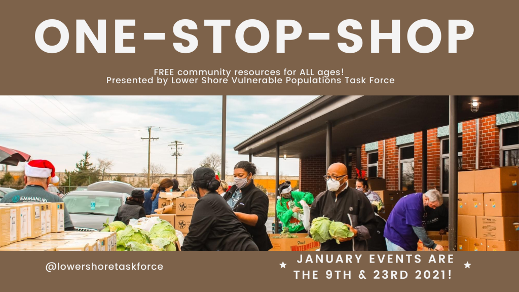 One-Stop-Shop, FREE community resources for ALL ages! Presented by Lower Shore Vulnerable Populations Task Force. Beneath is an image of the food distribution team; they are all wearing masks & giving out food. Beneath is text that has the Task Force’s social media handle “@lowershoretaskforce” and text that reads January events are the 9th and 23rd 2021! 